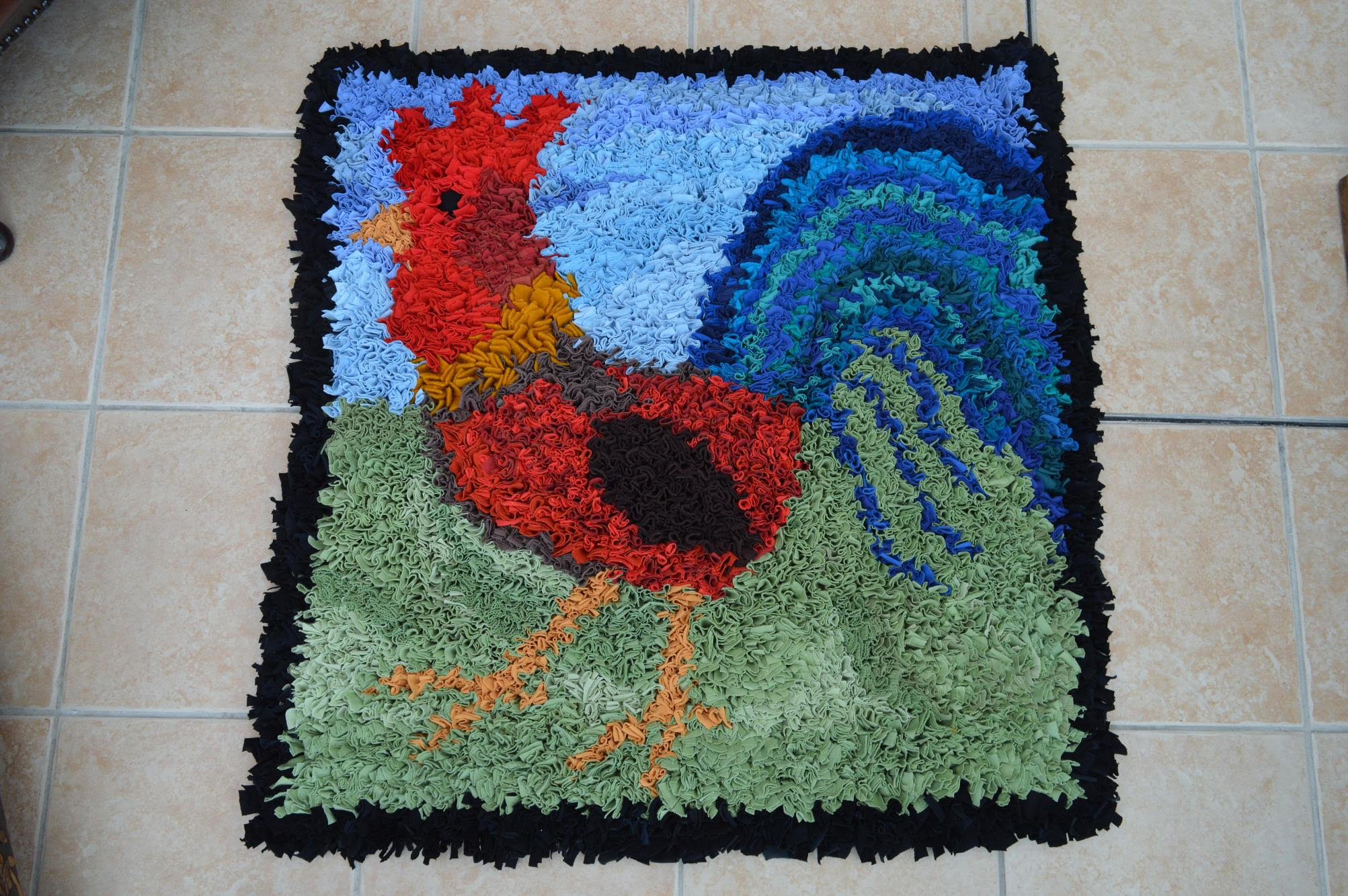 Rag rug rooster wall hanging made using upcycled fabric