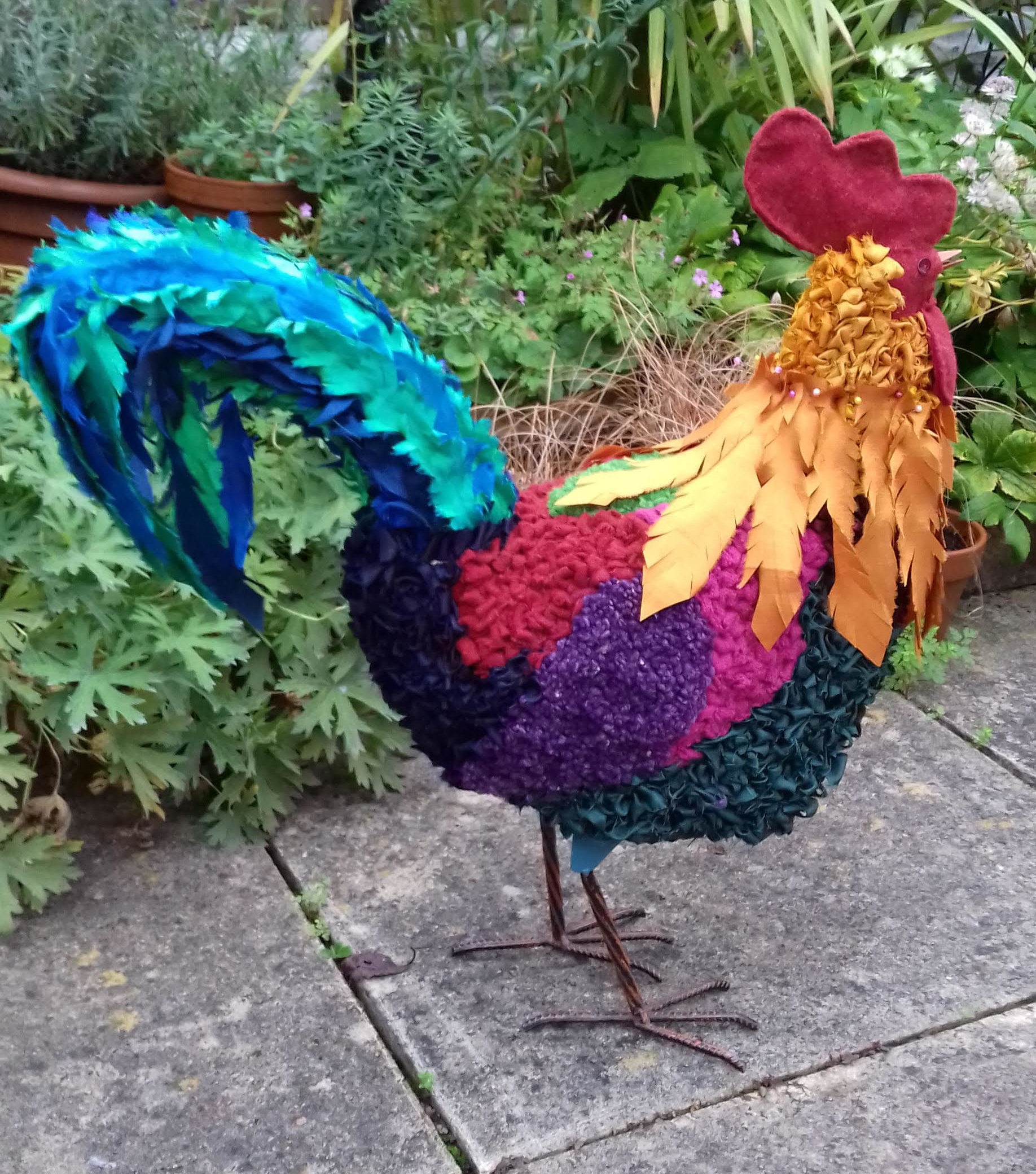 3D rag rug rooster made by textile artist Stephanie Gaston