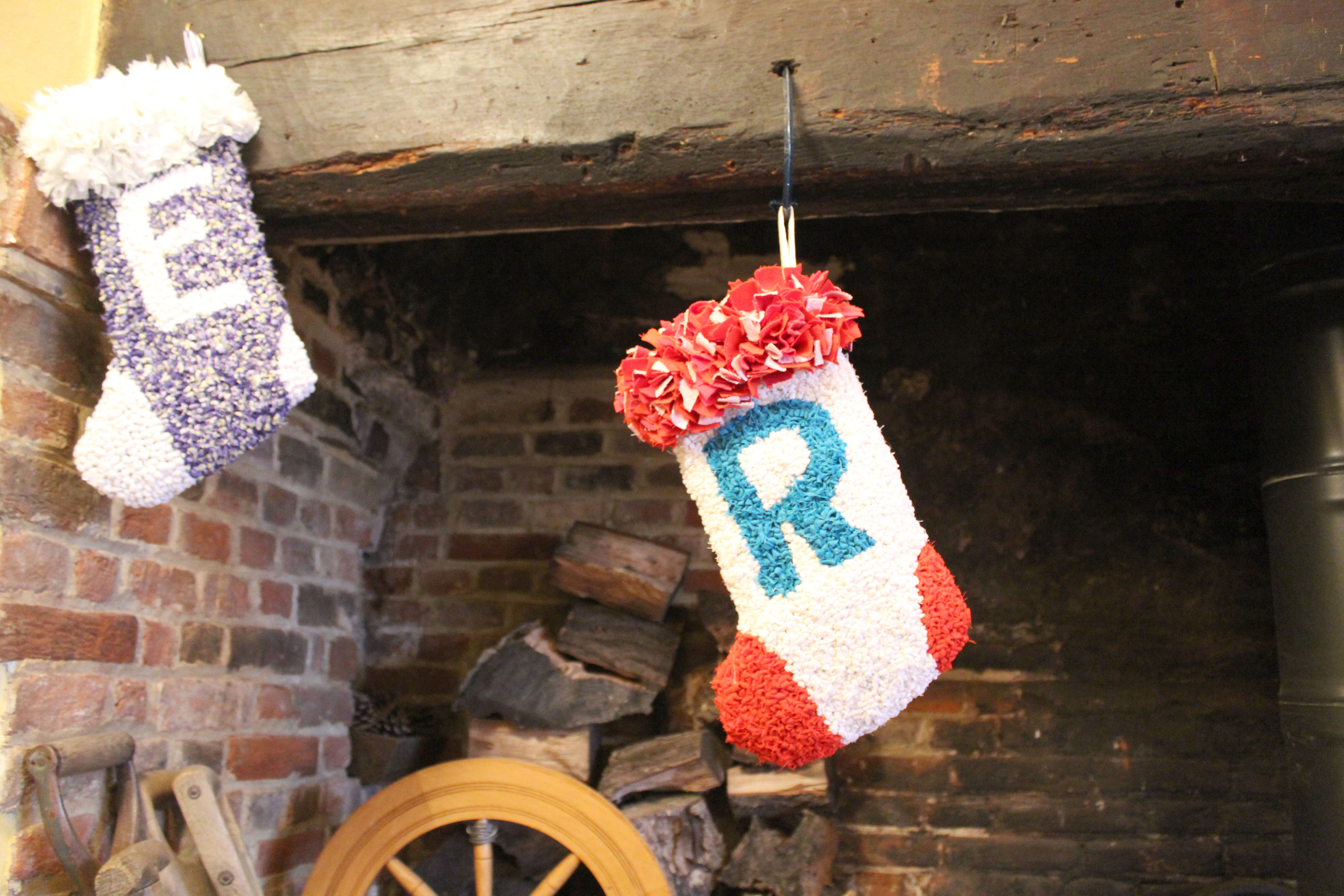 Letters E and R personalised rag rug Christmas stockings