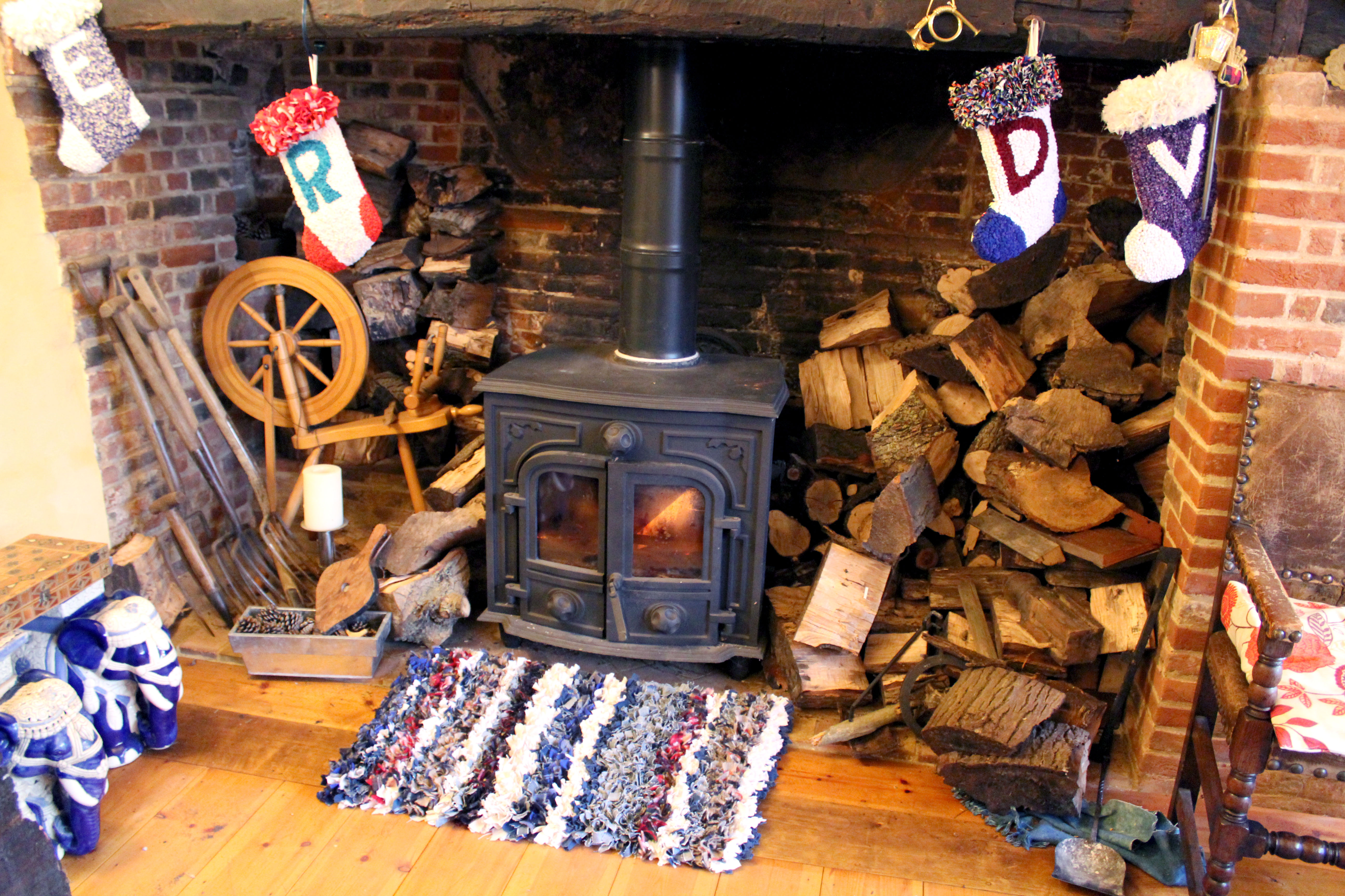 Fireplace with handmade stripey Rag Rug