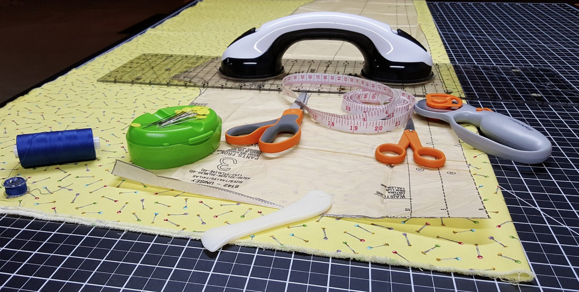 Rotary cutter with fabric and sewing equipment