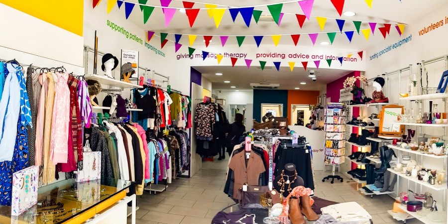 Charity shop with bunting