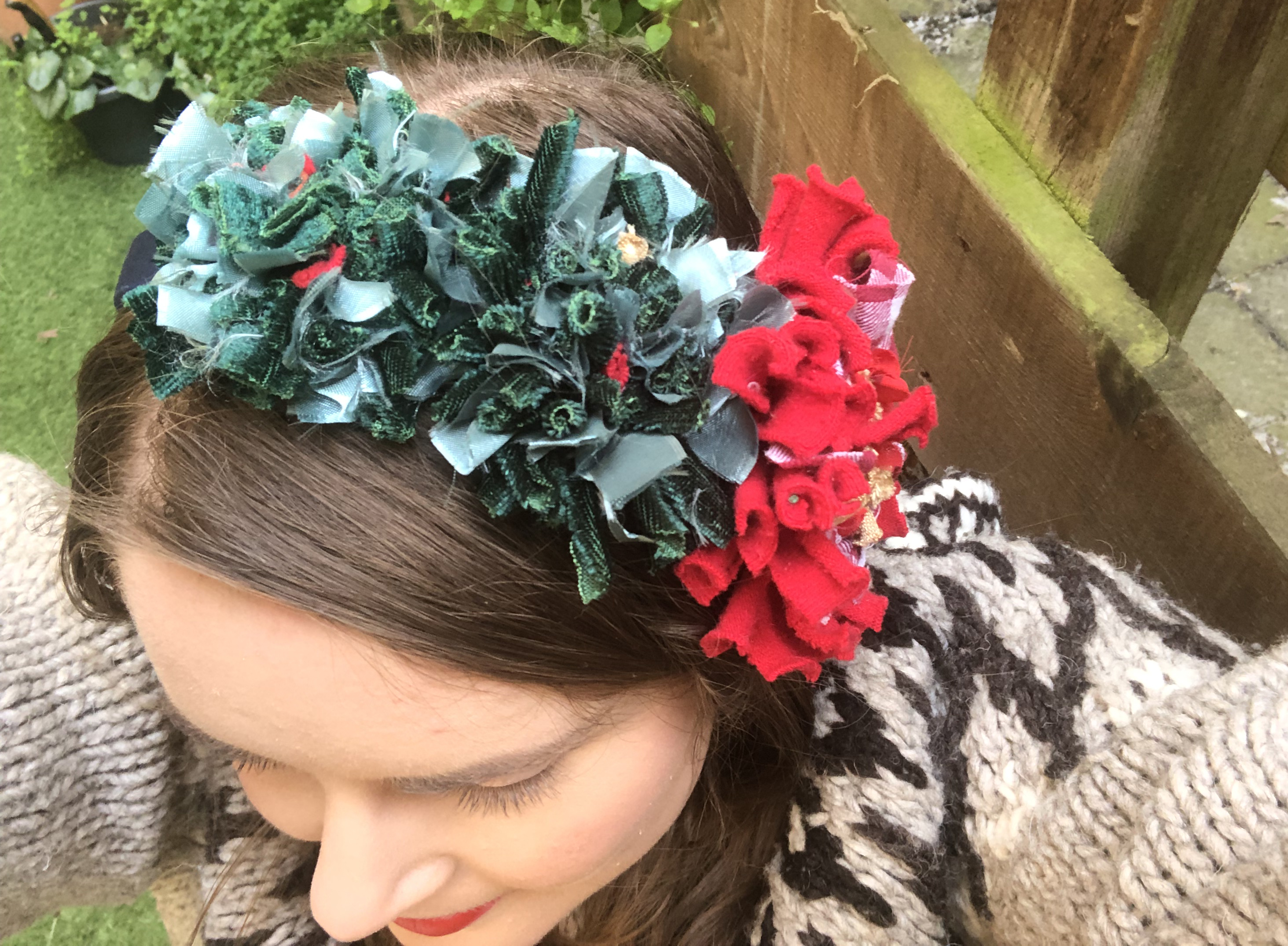 Elspeth Jackson from Ragged Life modelling a Christmas rag rug ponsettia headband