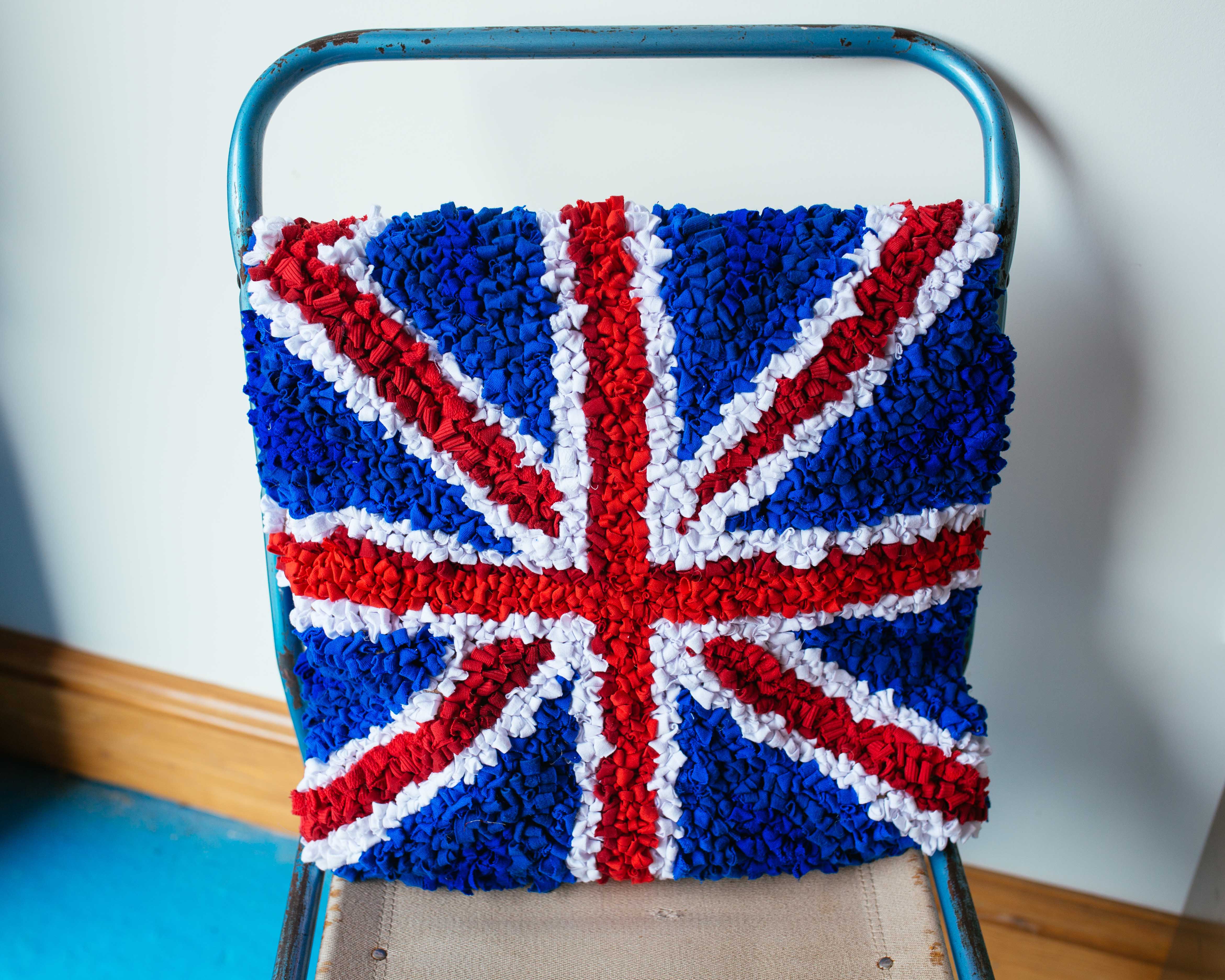 Handmade Union jack rag rug cushion on industrial chair