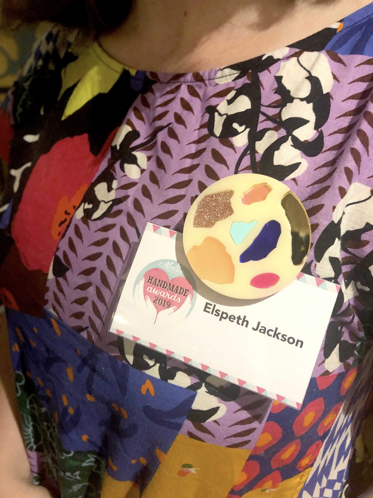 Elspeth Jackson from Ragged Life modelling her Rosa Pietsch Terrazzo Brooch from the Mollie Makes Handmade Awards 2019
