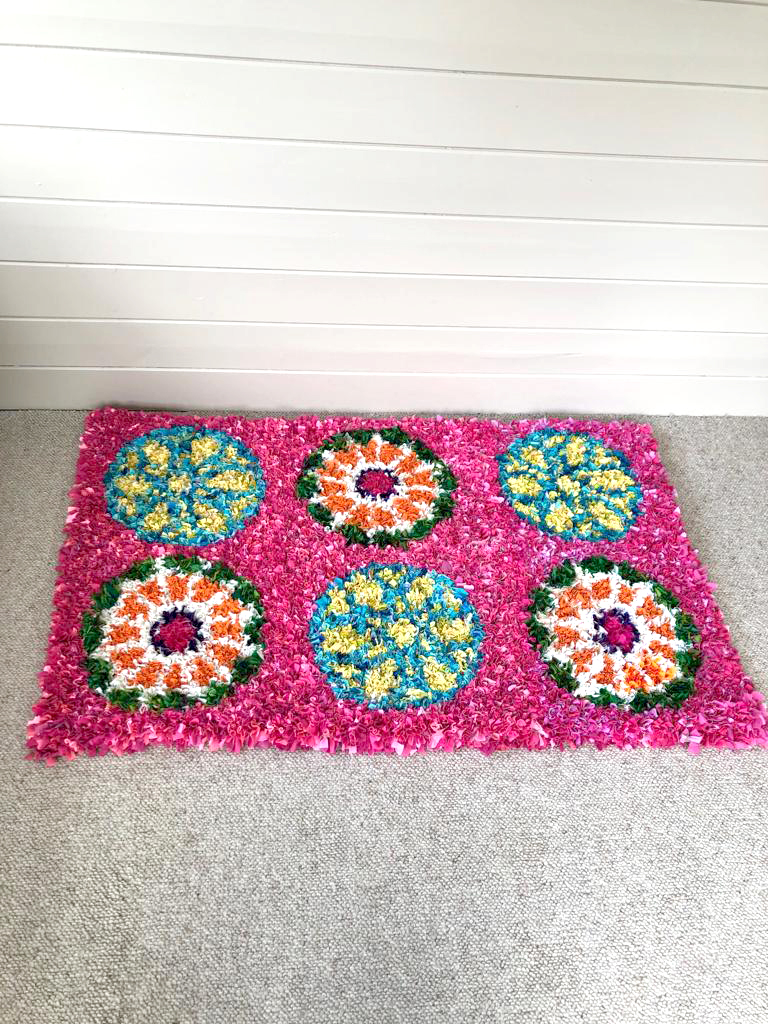 Matthew Williamson Inspired rag rug upcycled from old clothing and modelled on stained glass windows