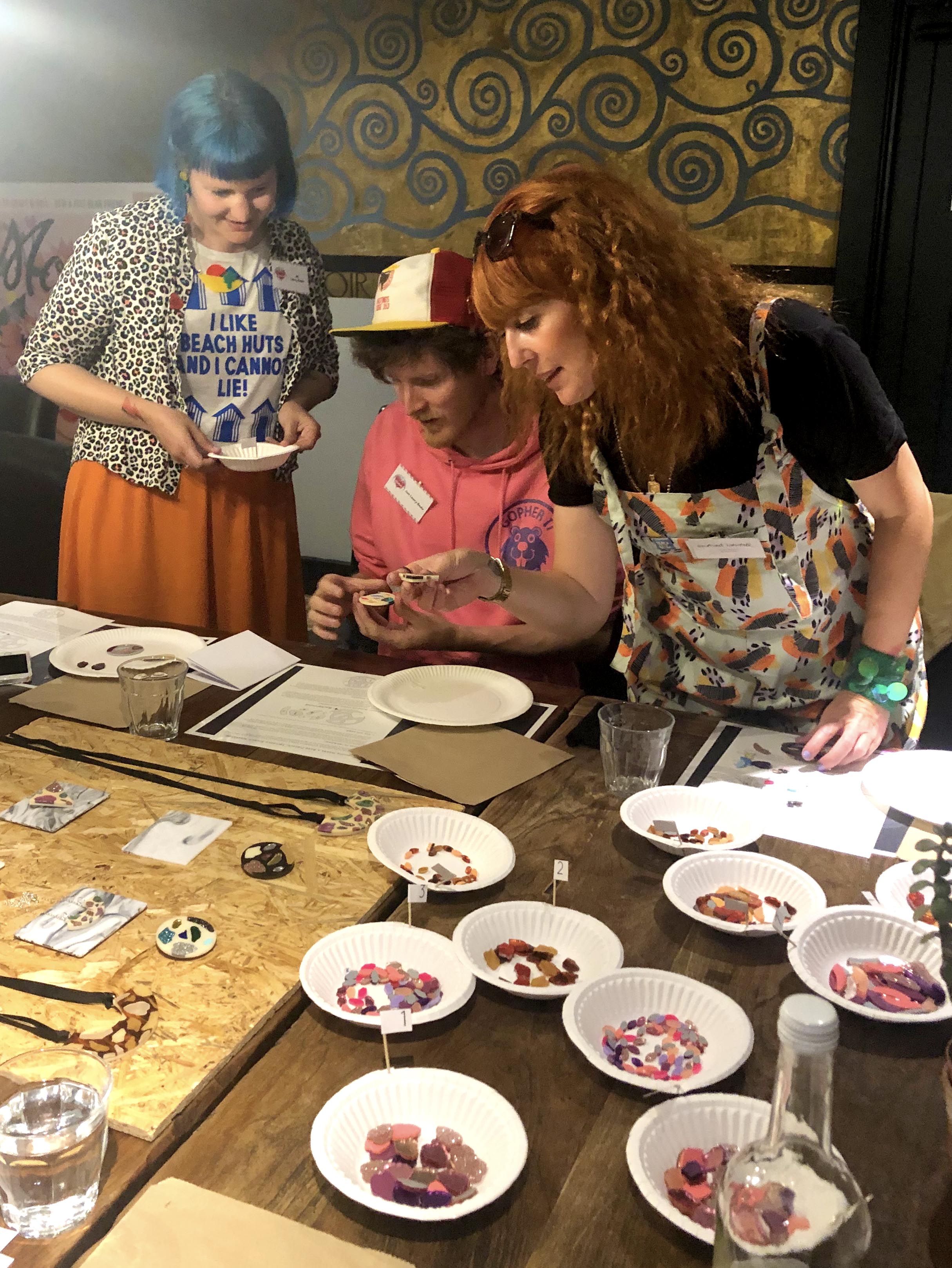 Keen crafters making their enamel brooches at the Rosa Pietsch Brooch making workshop at the Mollie Makes Handmade Awards 2019