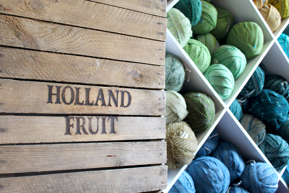 Holland Fruit crates with balls of 100% wool blanket offcuts from Yorkshire mills