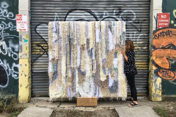 Trish Andersen Fibre Artist with Cream Tufted artwork wall hanging rug