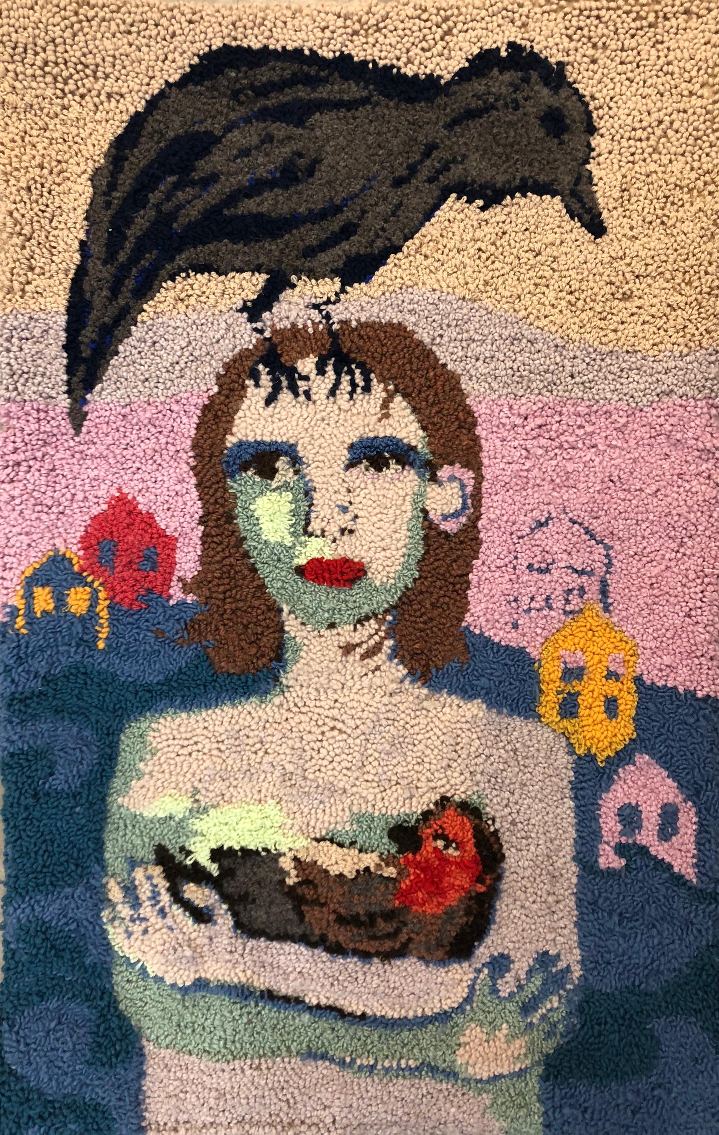 Textile art by Selby Hurst Inglefield of a woman with a crow on her head