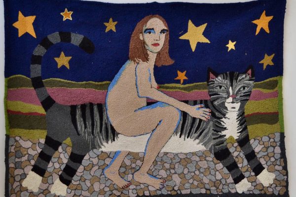 Textile art by Selby Hurst Inglefield of a naked woman riding a cat featuring a blue sky and gold star background