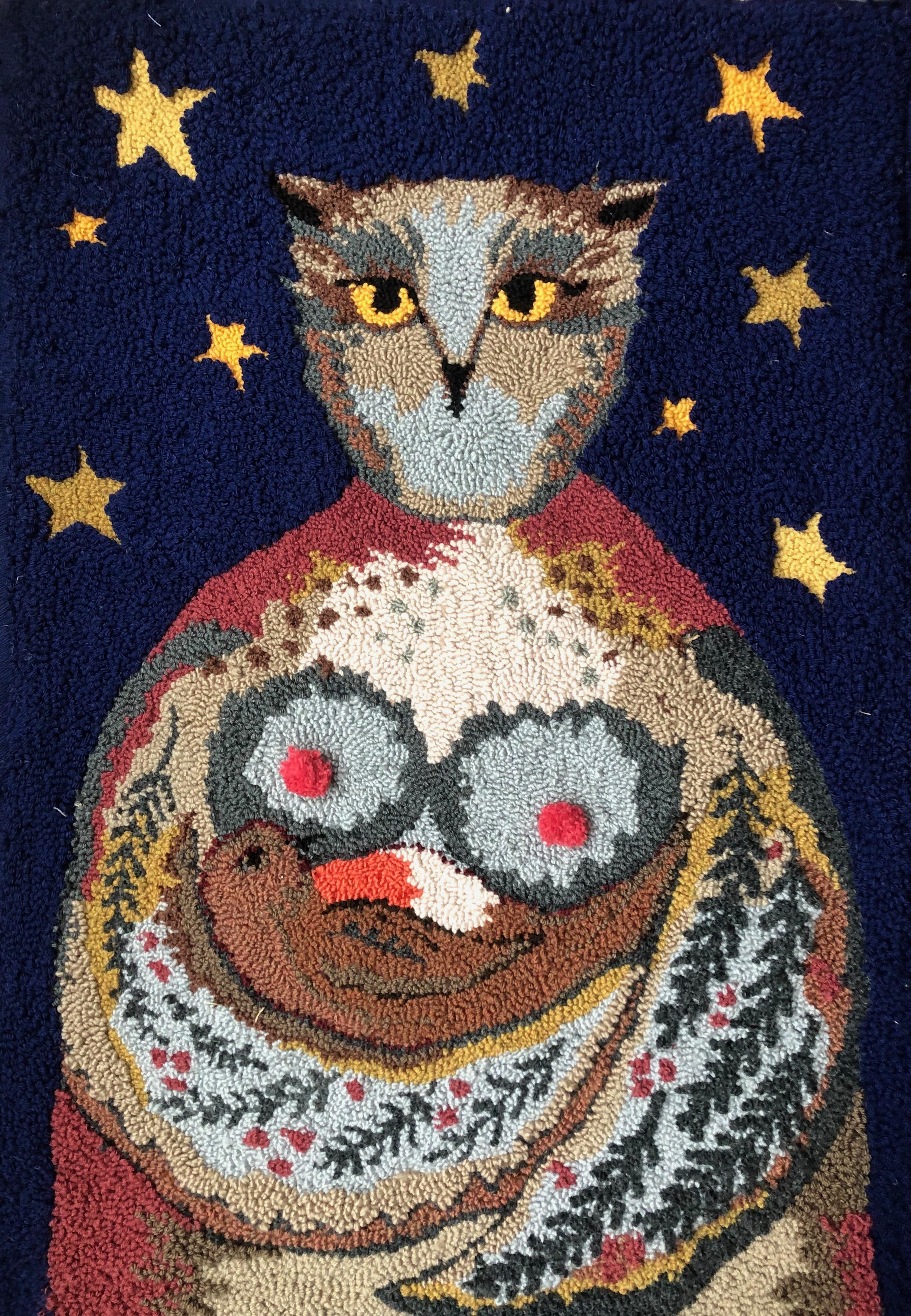 Textile art of an owl by Selby Hurst Inglefield with a starry night background