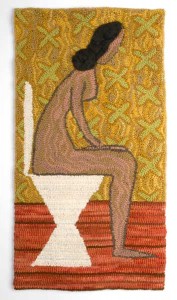 Rug hooked art of a naked woman sitting on the toilet by artist Laura Kenney.
