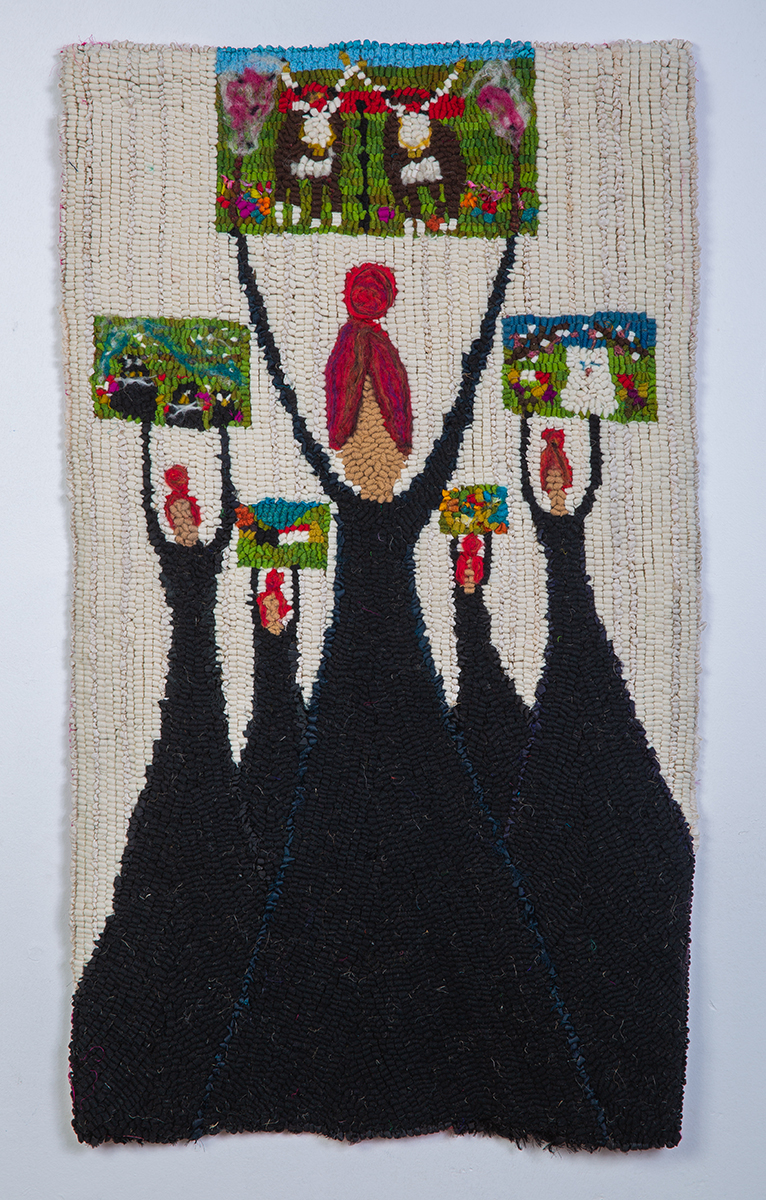 textile art feauring 5 female figures in black dresses holding up small colourful hooked art scenes by Laura Kenney