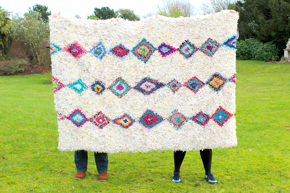 Moroccan Berber style cream rag rug made using recycled materials