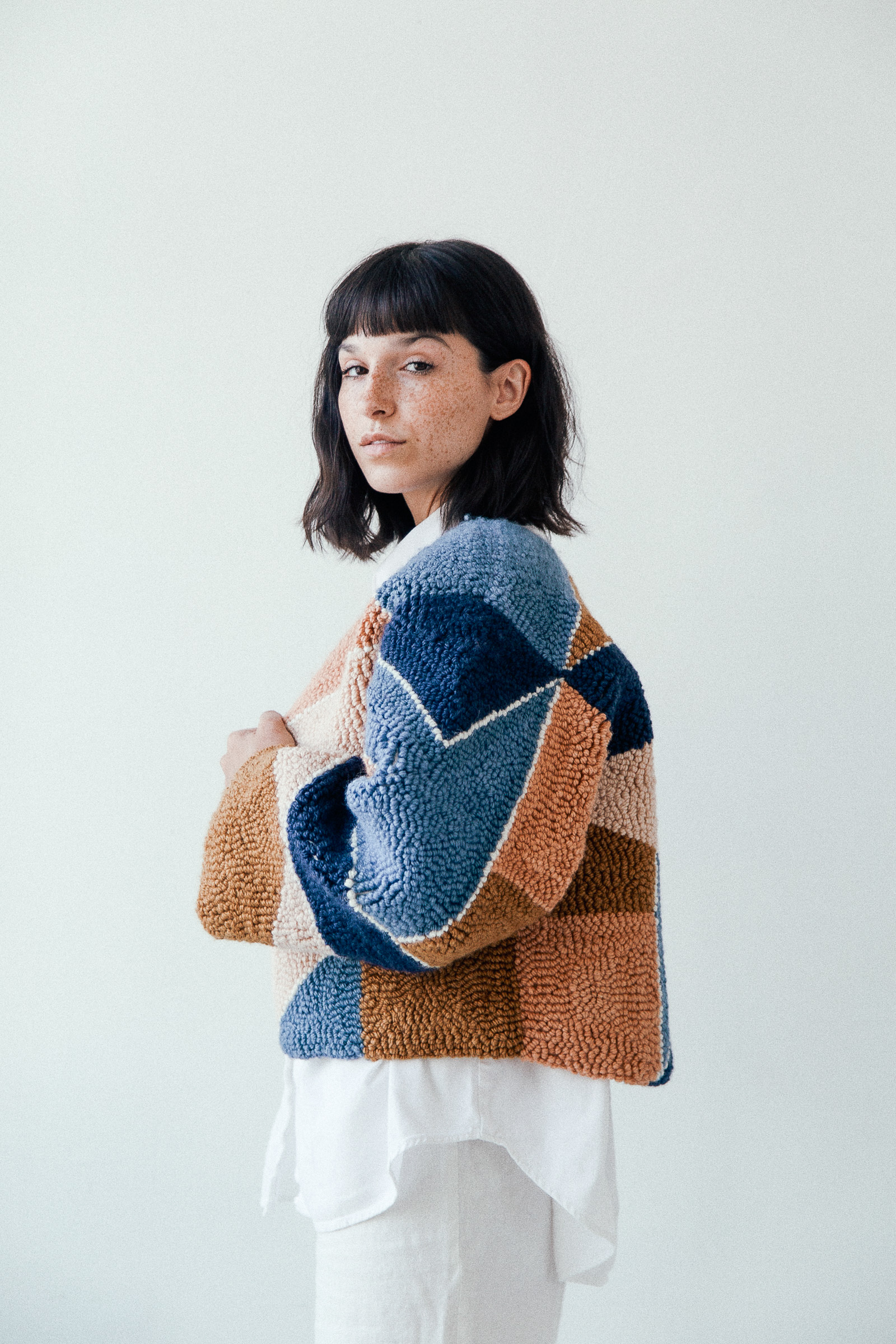 Micah Clasper- Torch Needle Punched Jacket Side Close Up Blue Beige