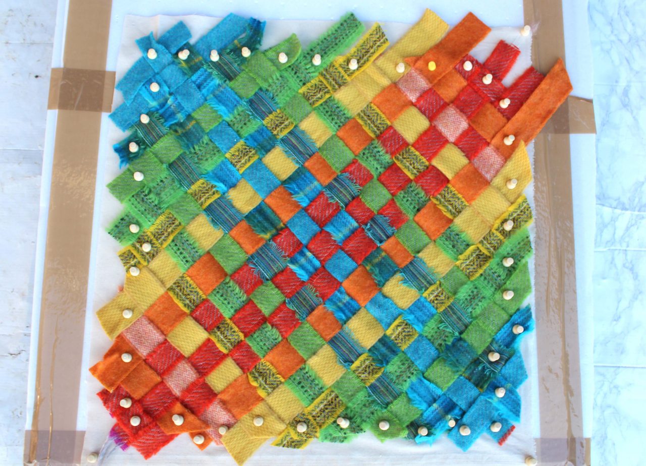 Multicoloured Ribbon Blanket Yarn Weaving Sample On Pin Board