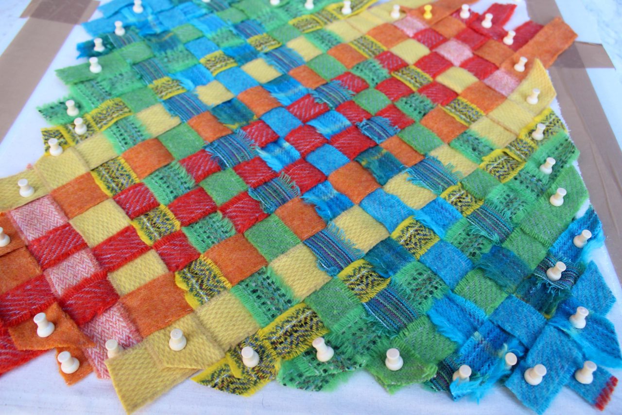 Sample Blanket Yarn Ribbon Weaving Multicoloured Fabric On Pin Board