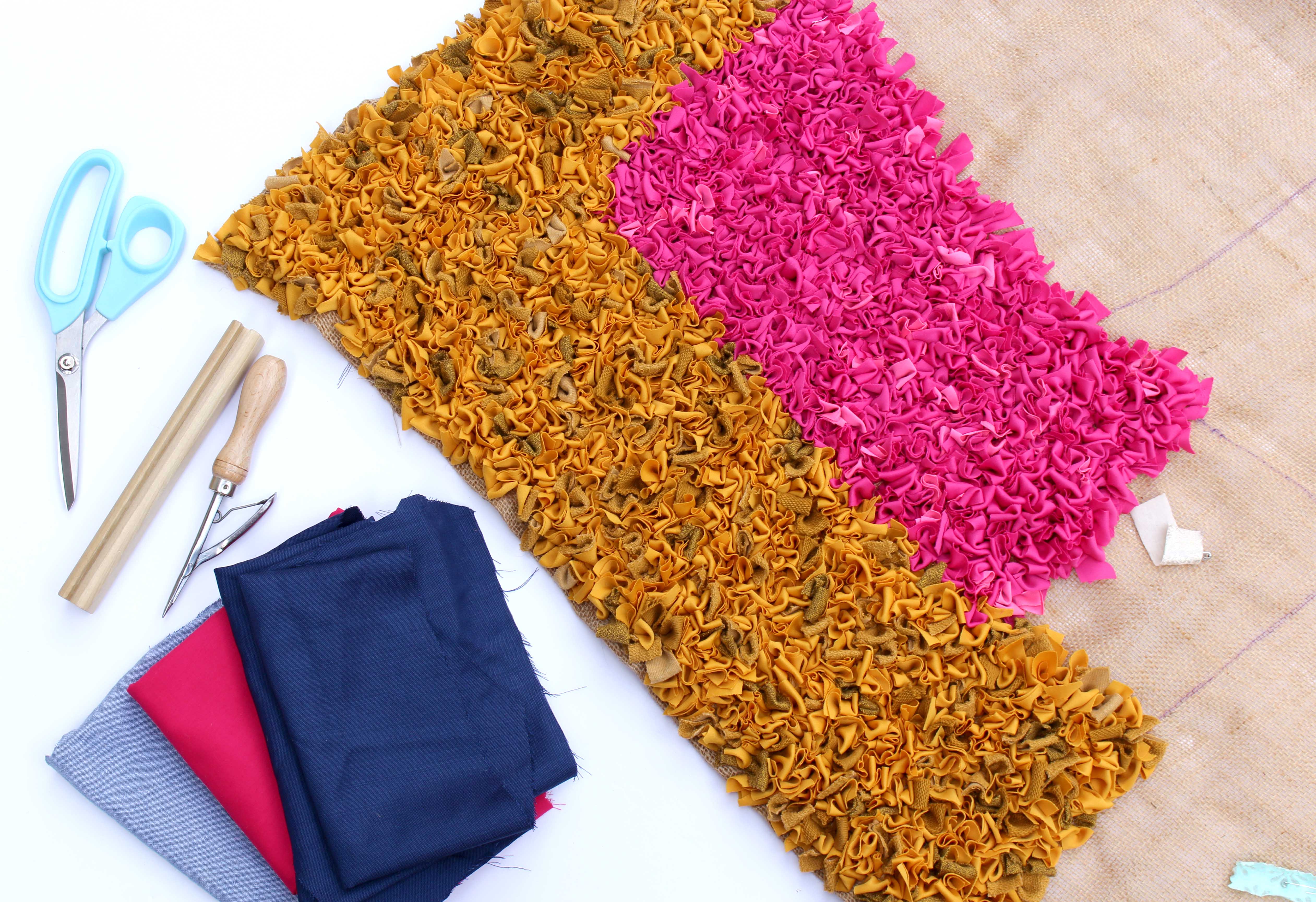 work in progress rag rug with materials