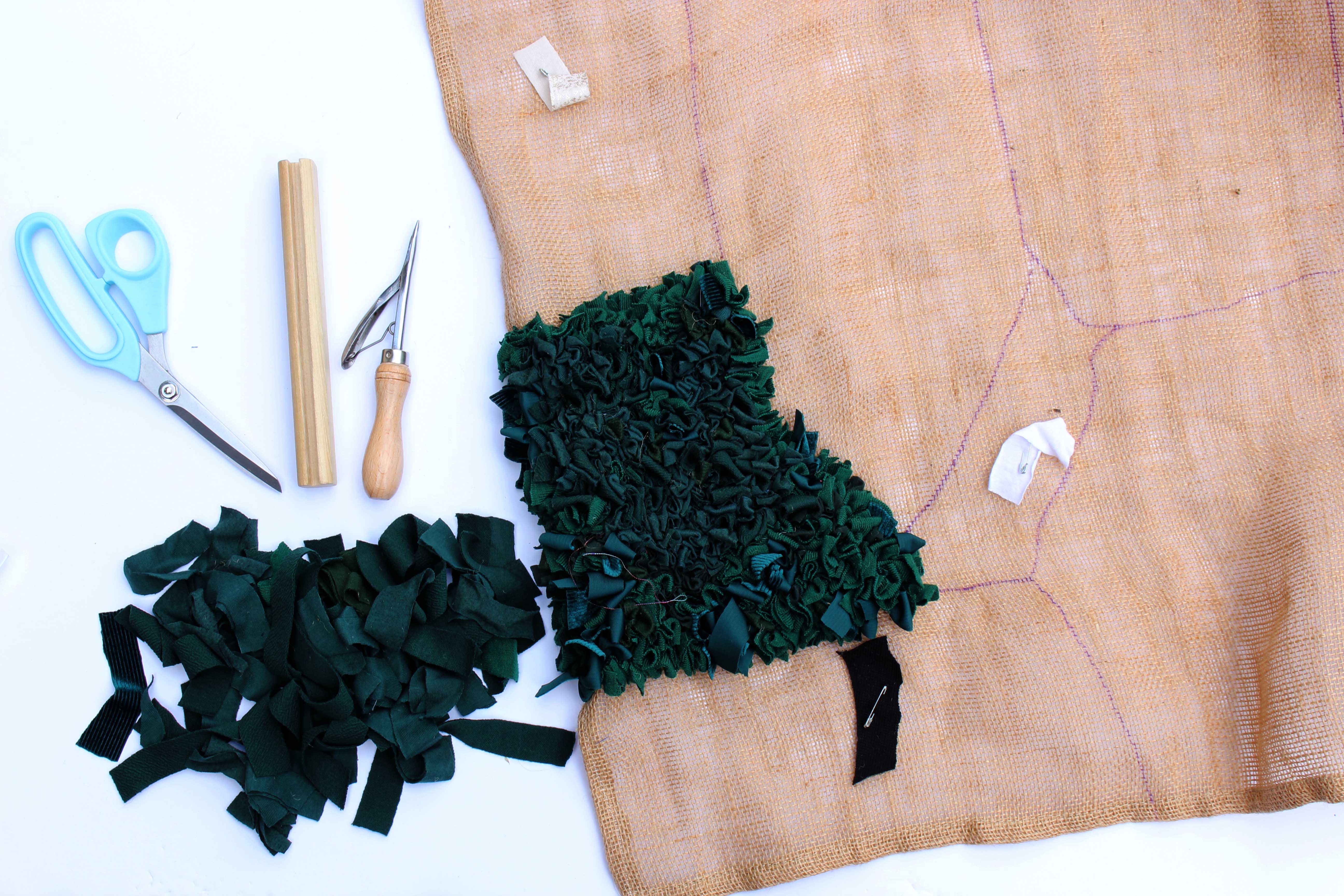 rag rug with fabric and materials work in progress