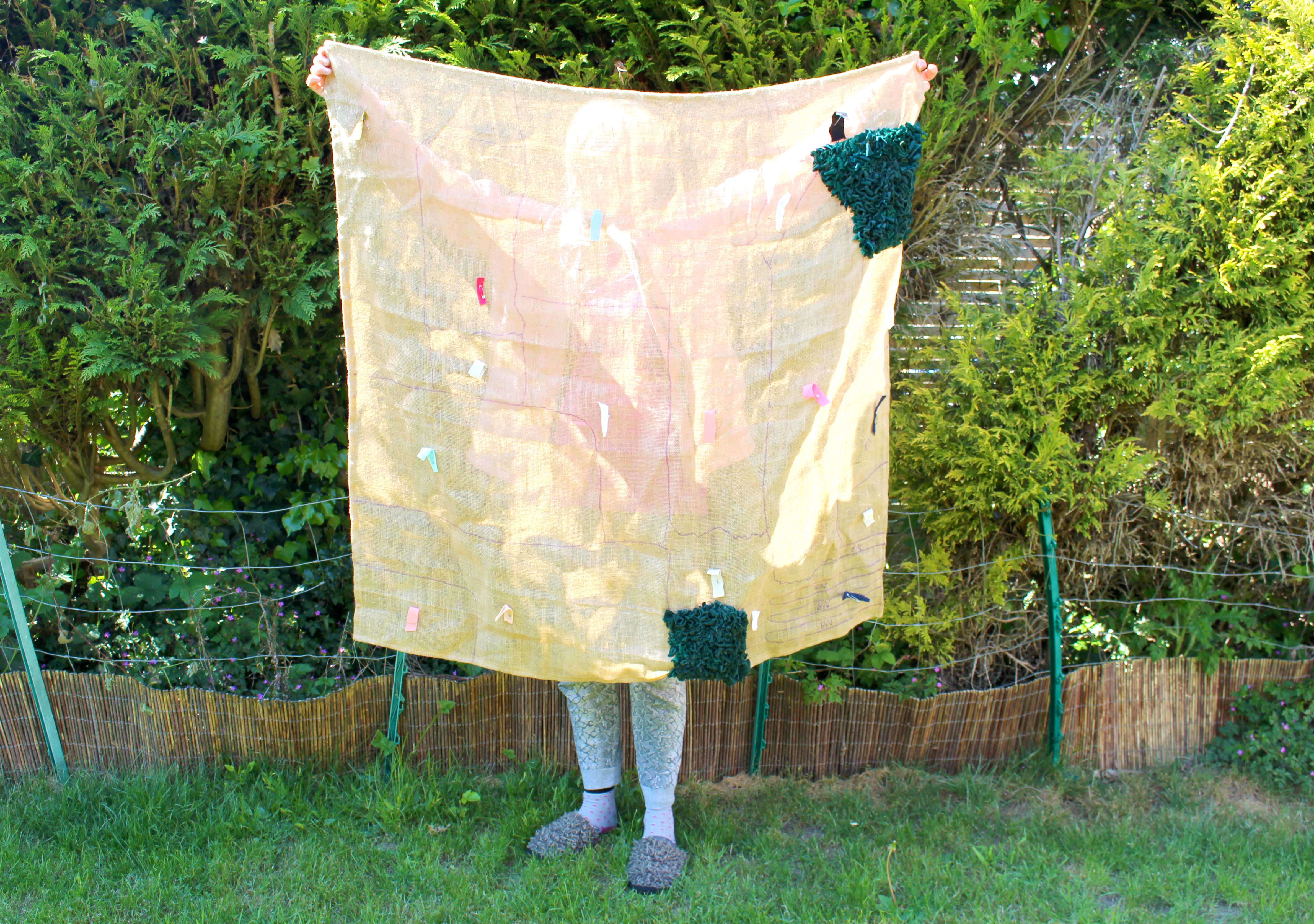 two sections finished rag rug work in progress