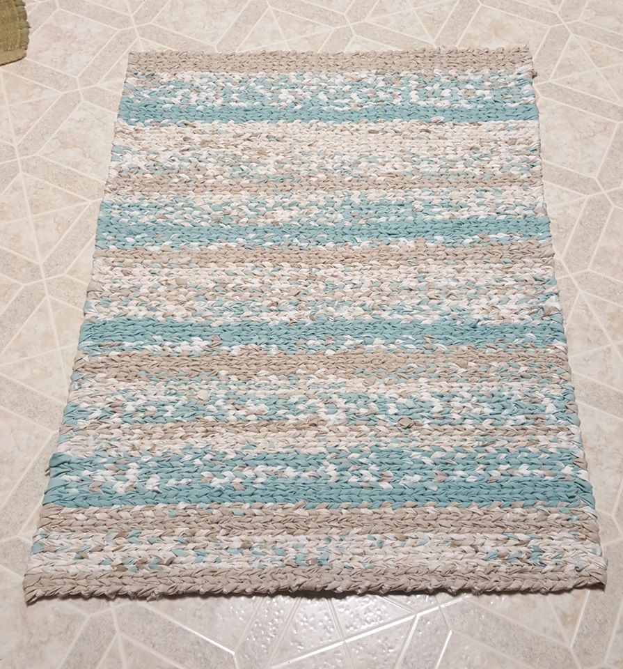 Turquoise and White Twinned sriped Rag Rug