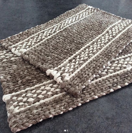 grey twined rag rug with white pattern