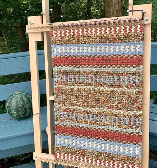 twined rag rug on loom with watermelon