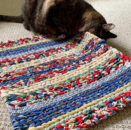multicoloured twined rag rug with cat