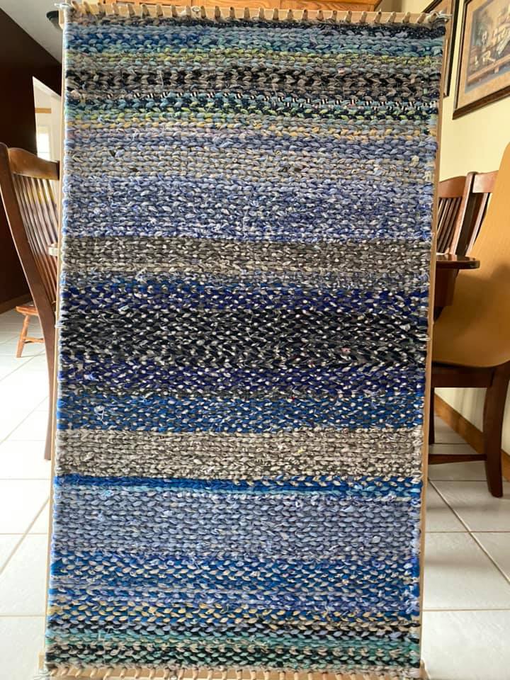 blue and grey striped twined rag rug