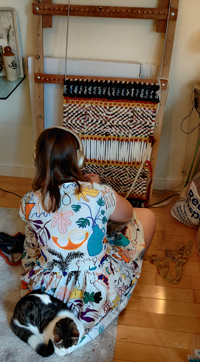 Elspeth Jackson making a twined rug