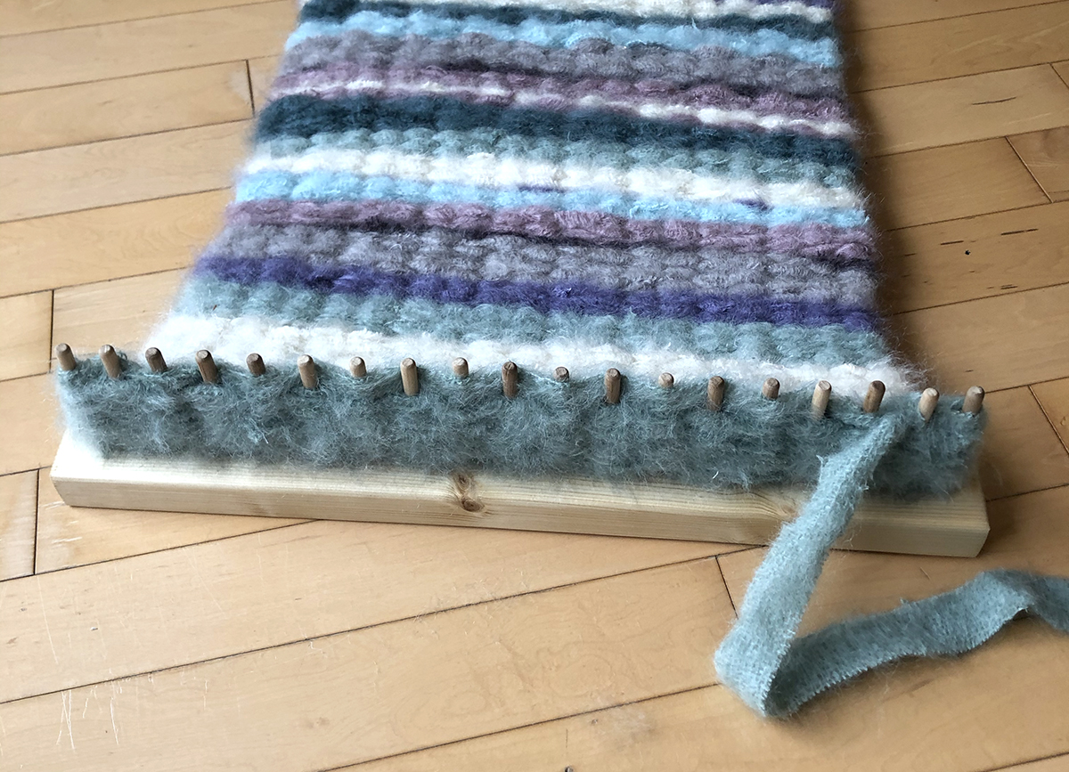 Peg loom weaving with fabric mohair fents in stripes