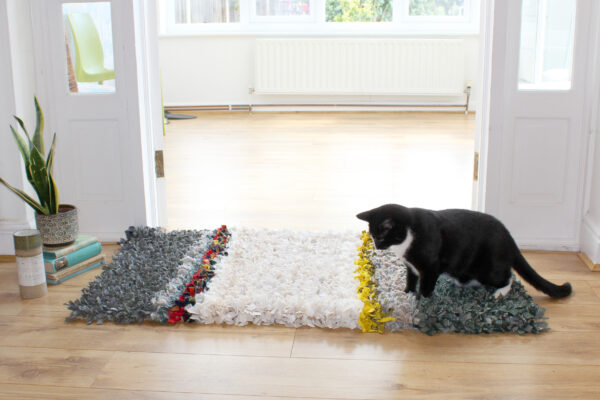 Black cat on a thick handmade rag rug on the floor