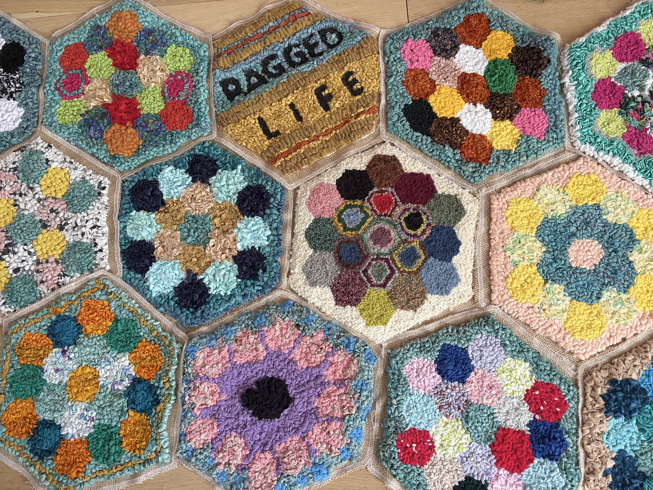 Ragged Life Patchwork Rug Hooked Hexagon Community Rag Rug